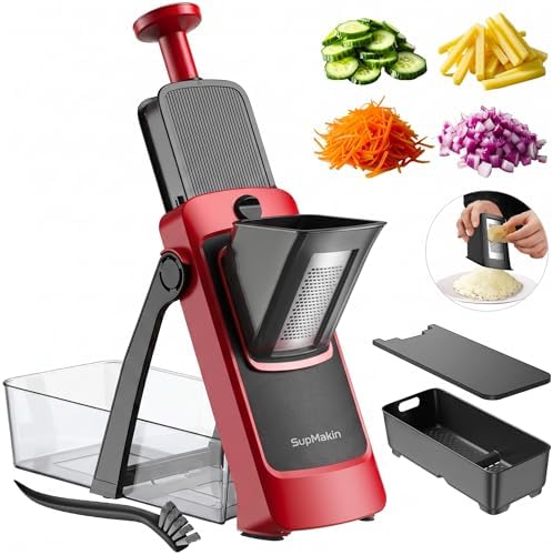SupMaKin Safe Mandoline Slicer for Kitchen,Pptato Slicer, Vegetable Onion Chopper, French Fry Cutter, Adjustable Thickness, Julienne & Dicer Salad Chopping Artifact (4V RED) by SafeMandolineSlicerChopper