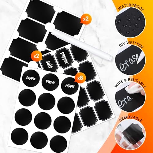 Spice Jars with Labels, 6 Pack 5oz Glass Spice Containers with Lids, Empty Clear Salt Shakers for Kitchen Condiment Storage, Spice Bottles Set with 136 Stickers, 1 Marker Pen and 1 Brush