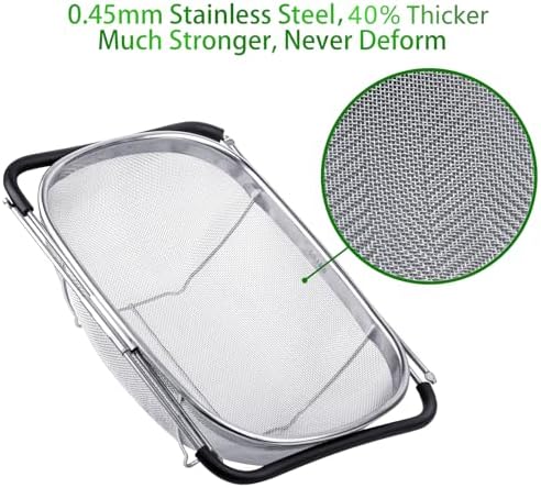 6-Quart Large Over The Sink Colander, Heavy Duty 40% Thicker 18/8 Stainless Steel Fine Mesh Strainer Basket with Expandable Rubber Grip Handles - Strain, Drain, Rinse Fruits, Vegetables