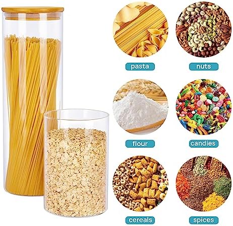 Glass Food Storage Jars, 7 Pack Kitchen Containers with Airtight Bamboo Wooden Lids for Pasta, Cookies, Nuts, Coffee Beans, Cereal, Canisters Set for Flour, Pantry Organization, BPA Free