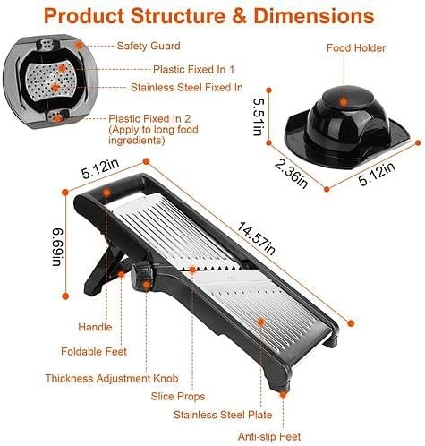 Mandoline Food Slicer Stainless Steel Food Cutter Vegetable Fruit Chopper Grater Peeler Kitchen Julienne Slicer with 5 Adjustable Blades Food Holder - Image 4