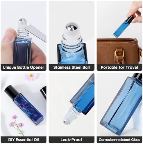 Segbeauty 0.34oz Glass Essential Oil Roller Bottles Refillable, 5Pack of Empty Rollerball Bottles for Oil, 10ml Dark Blue Leakproof Perfume Bottle with Dispensing Tool Set, Anointing Oils Bottle - Image 4