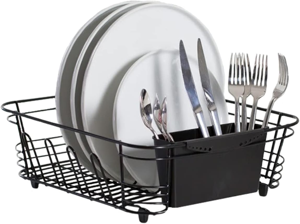 In-Sink Dish Drying Rack, Coated Steel, Black, 14.5 x 13 x 5 Inch, 2-Piece Set with Removable Utensil Caddy and Non-Slip Handles