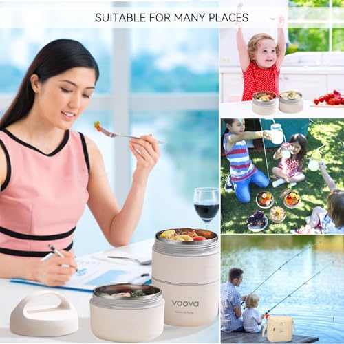 Stackable Stainless Steel Thermal Lunch Box with Lunch Bag and Cultery Set for Adult Women Men, 3 Tier Leakproof & Microwave Safe Insulated Bento Boxes Food Container for Work, Beige