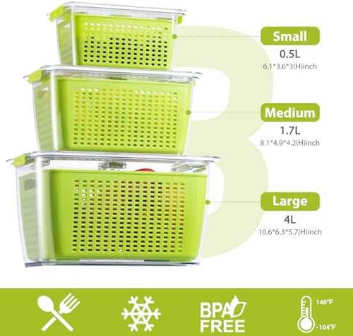 Fresh Container, 3PACK Produce Saver Container BPA Free Fridge Organizer for Vegetable Fruit and Salad Partitioned Food Storage Container with Vents Stay Fresh Containers Not Dishwashers Safe