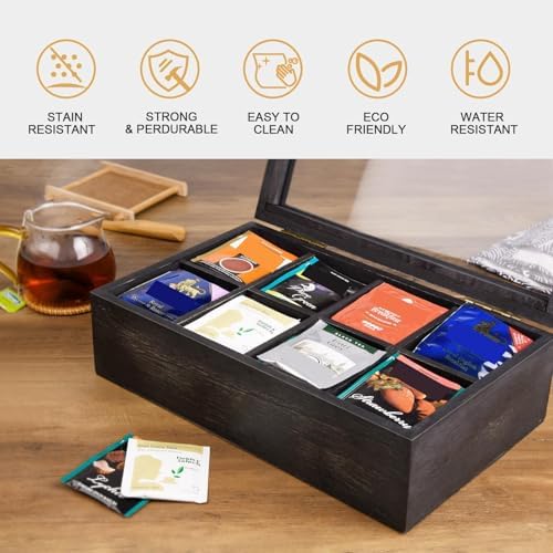 Wooden Tea Box with Lid & 8-Compartment, Weathered Black