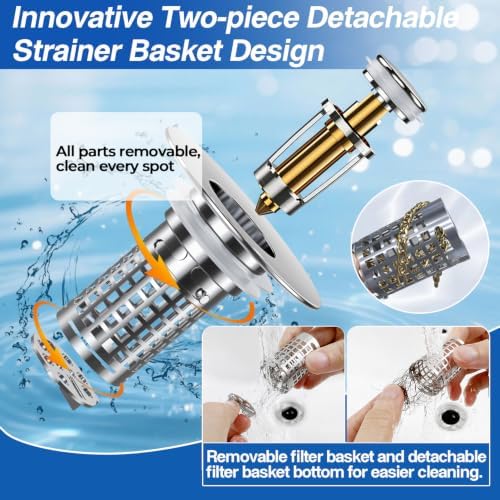 Sink Stopper Hair Catcher, Pop-up Sink Drain Strainer with Removable Stainless Steel Strainer Basket Hair Catcher, Bathroom Sink Strainer for Bathroom Sink Stopper (2PCS)