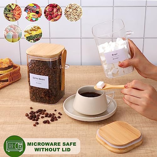 Flour and Sugar Containers - 34 oz Glass Jar with Bamboo Lid and Spoon, Sugar Holder and Canister for Countertop, Glass Containers for Coffee Beans, Tea, Flour, Nuts, Candy and Cookie (Set of 2)