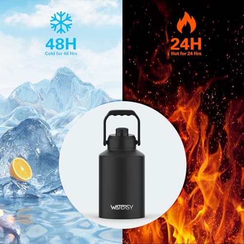1 Gallon Water Bottle Insulated(Cold for 48 Hrs),BPA Free&Leak Proof,128oz Stainless Steel Water Jug with Handle for Gym,Hiking,Camping&Travel,Black Large Thermo