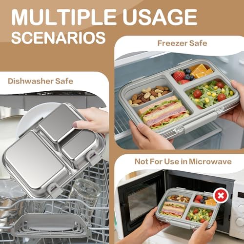 Stainless Steel Bento Lunch Box for Kids Adults, 3 Compartments Metal Bento Box with Transparent Lid & Silicone Container for Kids,Dishwasher-Safe,School & Travel,BPA-Free(Grey)