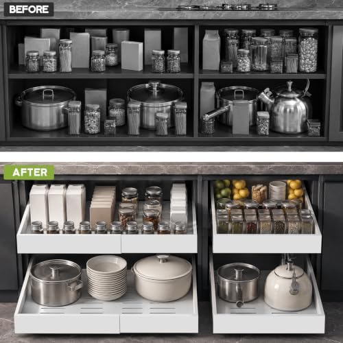 4 Pack Expandable Pull Out Cabinet Organizer 21"Deep With Raising Pad for Framed Cabinets,Upgrade 3 Slide Rails Slide Out Drawers,No Drill Roll Out Shelves,Adjustable Width 12.1"-20.4" White