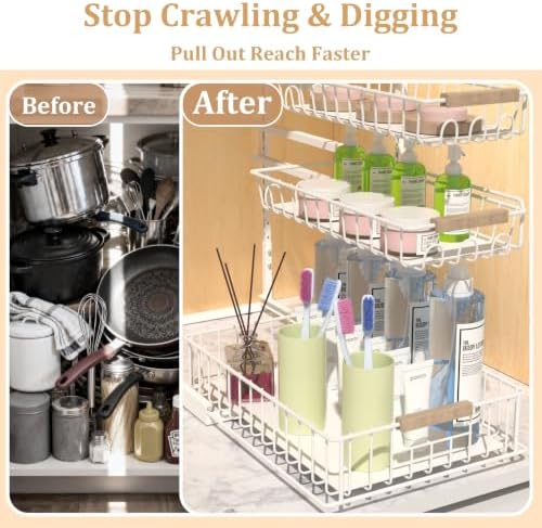 3 Tier Under Sink Organizer, Adjustable Pull Out Metal Storage Drawer
