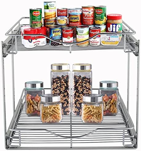 2 Tier Pull Out Cabinet Organizer (11" W x 18" D) Heavy-Duty Metal Sliding Drawer Shelf, Two Tier Pull Out Shelves for Kitchen Cabinets, Pantry, Bathroom, Chrome Finish