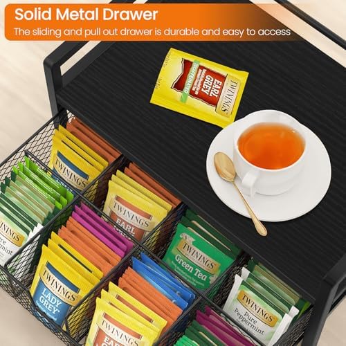 Wood Tea Bag Organizer, Teabag Holder with Drawer, Tea Organizers and Storage Box, 8 Compartments Tea Caddy Station Chests Display Container for Counter Kitchen, Black