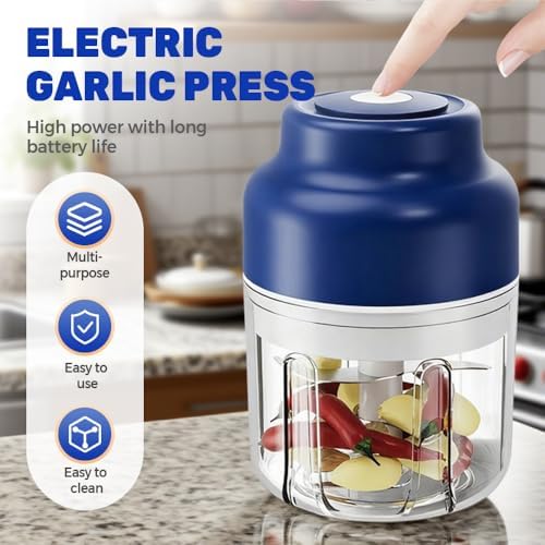 Electric Garlic Chopper, Mini Food Processor Small USB Rechargeable Mini Chopper, Wireless Electric Veggie Grinder & Garlic Mincer for Onion, Chili, Ginger (Blue, 320ML) - Image 2