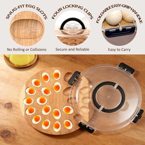 Deviled Egg Containers with Lid, Deviled Egg Platter with 24 Slots, Wooden Devil Eggs Tray, Portable Devil Eggs Holder Organizer with Injector Piping, Slicer, Clip, for Easter, Party, Picnic
