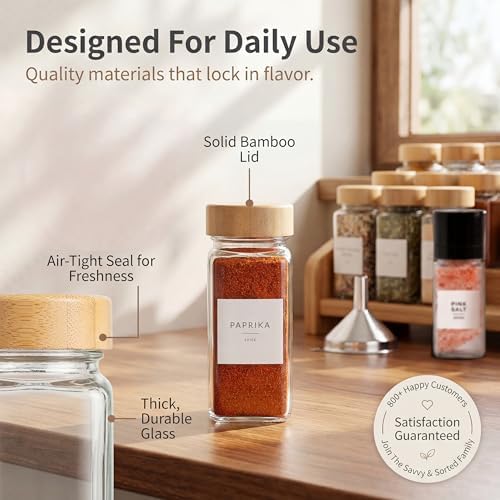 Glass Spice Jars with Label, 24PK Bamboo Jar Spices Set 4oz, 374 Spice Labels, Pepper Grinder, Empty Herb Seasoning Containers, Funnel and Shaker Lids