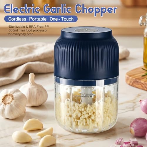 Electric Garlic Chopper, 2026 New Mini Food Processor & Food Chopper for Kitchen, Portable Cordless Garlic Mincer with 4 Stainless Steel Blades, Small Vegetable Chopper for Onion Salad (300ML Blue) - Image 2