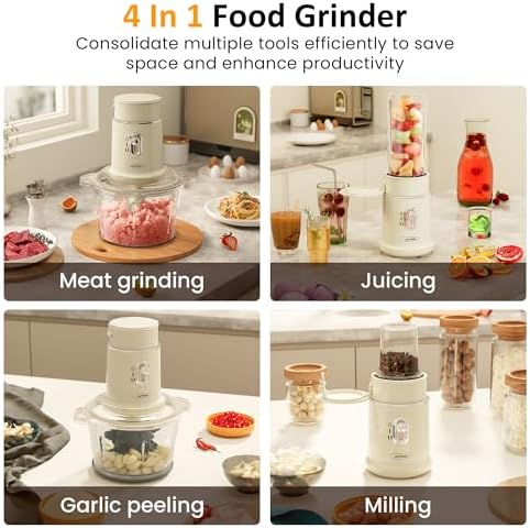 4-in-1 Electric Food Chopper & Small Food Processor, Meat Grinder, Garlic Peeler & Juicer, 2-Speed Mini Food Processor with 1.5L Glass Bowl and 2 Cups (0.4L+0.2L), Beige