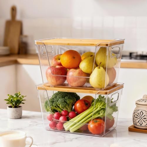 2 Set Pantry Organizers and Storage with Bamboo Lids, Stackable Clear Bins for Onion, Potato, Fruit, Vegetables, Trash Bag Dispenser, Kitchen and Under Sink Organizer