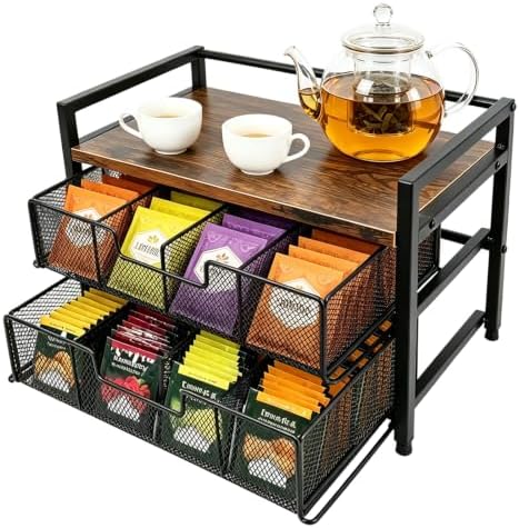 Double Drawer Tea Bag Organizer, 16-Compartment Wooden Tea Box