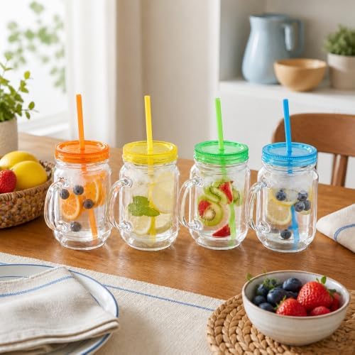 Plastic Mason Jars with Handles, Lids and Straws | 20 oz Double Insulated Tumbler with Straw | 4 Pack Set of 4 | Wide Mouth Mason Jar Mugs | Cups for Kids and Adults…