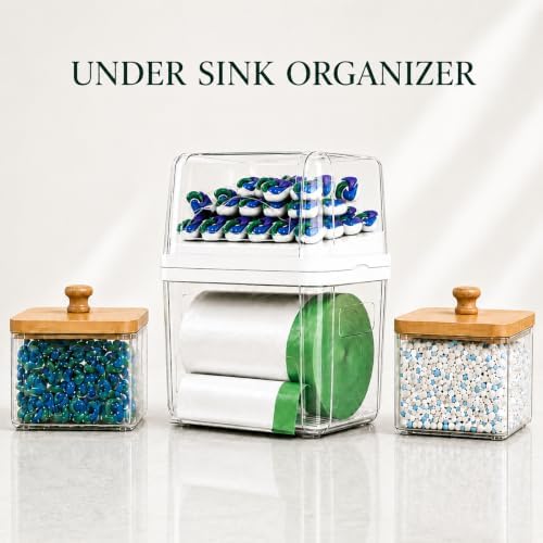 Trash Bag Holder & Dishwasher Pod Dispenser with 2 Bamboo Lid Storage Containers, Clear Acrylic Under Sink Organizer for Garbage Bags, Laundry Detergent Pods & Tabs, Kitchen Pantry Laundry Room
