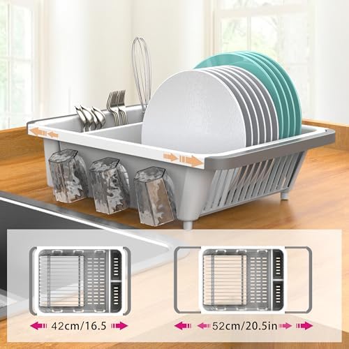 Dish drying rack expandable over the sink, in the sink and for cabinet and kitchen counter; Dish drainer rust proof, Large kitchen organizer with drainboard, two cutlery holders and 6 cup holders.