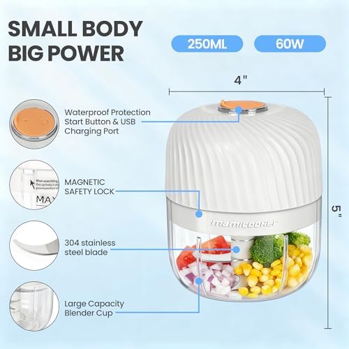 Electric Garlic Chopper 250ML, Mini USB Rechargeable Veggie Chopper, Cordless Garlic Mincer Onion Chopper Food Chopper for Ginger Chili Meat Sauce, Wireless Food Processor, White - Image 2