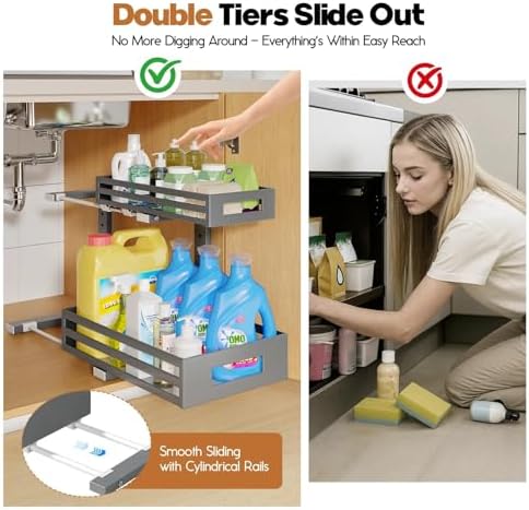 2-Pack Under Sink Organizers and Storage,2-Tier L Shape Pull Out Cabinet Organizer With Round Tube Slide Rails,Hight Adjustable Slide Out Drawers for Kitchen&Bathroom,Multi-Purpose Storage Shelf-Gray