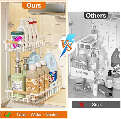 Under Sink Organizer, White 2 Pack Height Adjustable