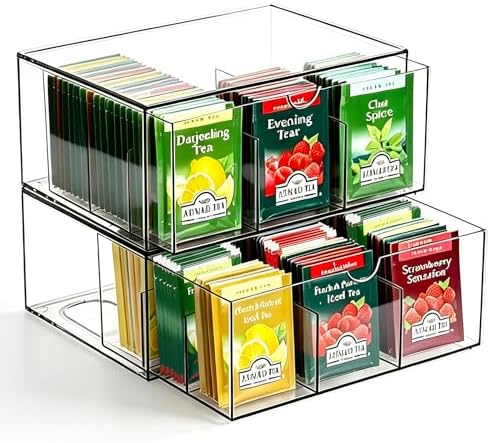 2 Pack Tea Bag Organizer, Tea Bag & Coffee Pod Drawer Storage with 9 Grid, Acrylic Stackable Holder Organizer for Cabinet Countertop | Drawer Container Storage Bins for Kitchen (9+9 Grid)