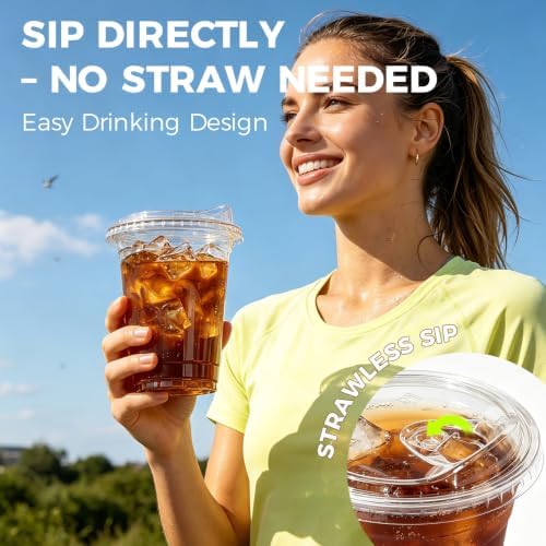 100 Pack 16 oz Clear Plastic Cups with Strawless Sip Lids