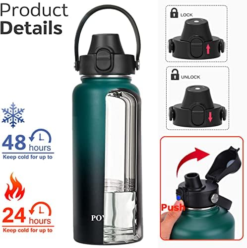 Water Bottle Insulated 32oz 40oz 64oz 128oz Straw Lid Spout Lid & 3 Lids, Leak Proof, Vacuum Insulated,Stainless Steel Water Bottle Wide Mouth for Sports, Gym or Office