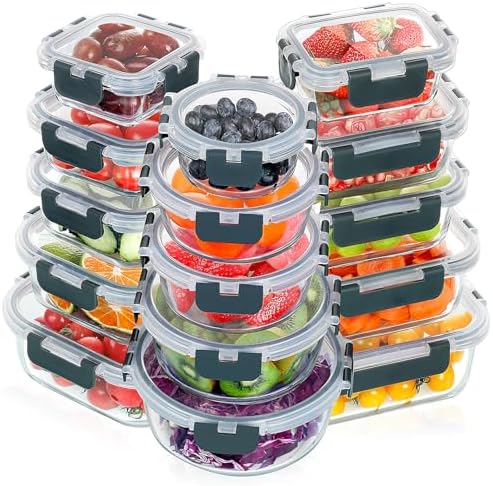 30 Pieces Glass Food Storage Containers Set with Lids, Grey