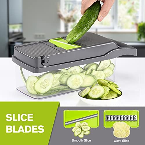 Vegetable Chopper Mandoline Slicer Grey - 12 in 1 Interchangeable Blades Food Chopper with Container, Hand Guard & Drainer, Veggie Dicer Kitchen Gadget for Onion, Cucumber, Tomato, Fruit