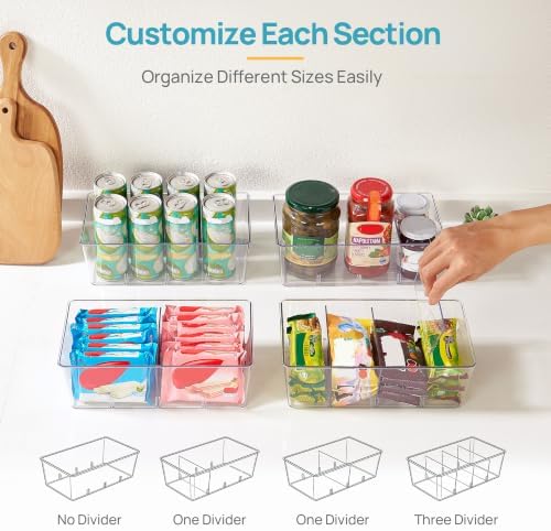 8 Pack Food Storage Organizer Bins, Clear Plastic, 4 Compartments