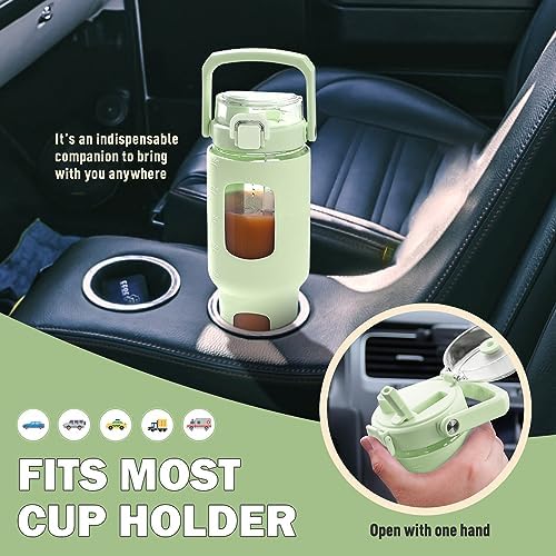 32oz Glass Water Bottle with Handle and Straw|Leakproof Sports Glass Bottle with Time Marker and Silicone Sleeve|Glass Drinking Bottle for Travel, Gym, Workout, Green