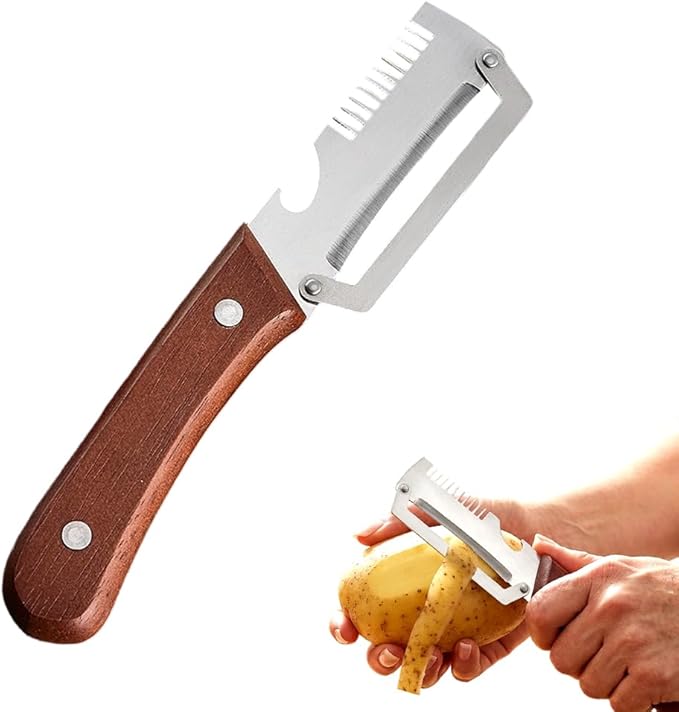 2026 New Multi-functional Vegetable Peeler, 3 in 1 Ktchen Multi-function Stainless Steel Thickened Fruit Peeler Knife with Wooden Handle, Suitable for Peeling Fruits and Shredding Scallions (1)