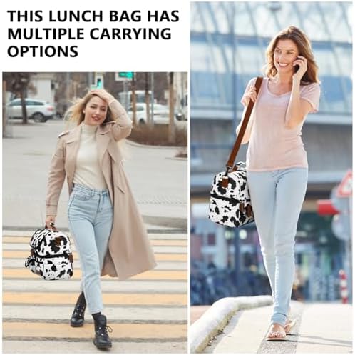 Lunch Box for Women-Double Deck Insulated Adults Lunch Bag with Removable Shoulder Strap-Cow Print Cute Wide Open Lunch Tote for Work/Office/Picnic/Beach/Travel