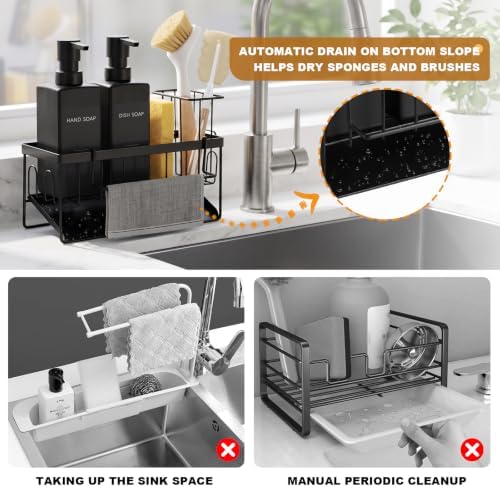Dish Soap Dispenser, 12 fl oz / 350 ml Dual Kitchen Soap Dispensers with Sponge Holder, Customized Matte Black Kitchen Soap Dispenser Set, Modern Hand and Dish Soap Bottle Set Removable