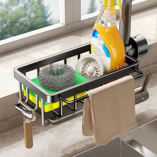 Kitchen Sink Faucet Organizer, Space Aluminum Rustproof Dish Sponge Holder with Divider and Drip Tray for Kitchen Dishwashing Sponges Brushes Cloth (Black)