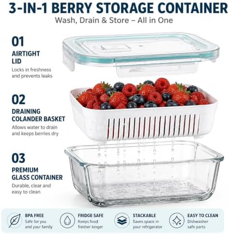 2 Pack 56oz Glass Berry Container for Fridge,with Removable Colander and Vent Valve,Fresh Fruit and Vegetable Storage Set