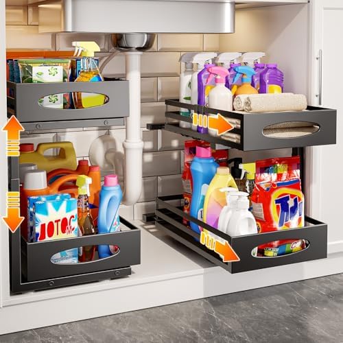 Under Sink Organizer, 2 Tier Under Sink Organizers and Storage, Adjustable Height, Slide out Metal Cabinet Organizers, Pull out Cabinet Storage Drawer Shelf for Kitchen Bathroom (Black, 2)