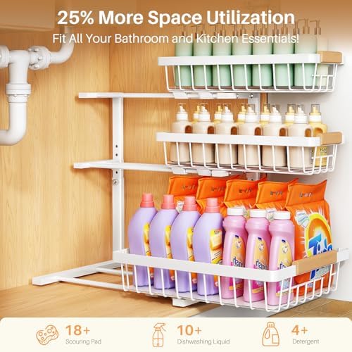 Under Sink Organizer, 2-Pack 3-Tier Height Adjustable Thickened Metal Pull out Cabinet Organizer Shelf, Slide out Storage Drawer Rack for Bathroom Kitchen Pantry Home Organization, White