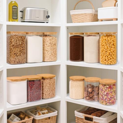 Glass Storage Jars with Bamboo Lids 3.6 Qt Large Pantry Square