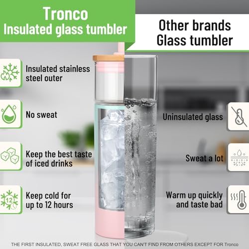 20 oz Vacuum Insulated Glass Tumbler with Lid and Straw - Keeps Drinks Cold for 12 Hrs - Reusable Glass Cup for Iced Coffee, Smoothies & Boba - Sweat & BPA Free, Dishwasher Safe, Fit Car Holder