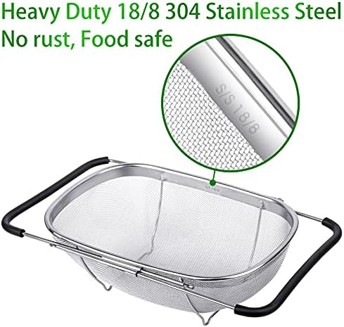 6-Quart Large Over The Sink Colander, Heavy Duty 40% Thicker 18/8 Stainless Steel Fine Mesh Strainer Basket with Expandable Rubber Grip Handles - Strain, Drain, Rinse Fruits, Vegetables