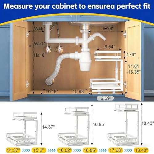 2-Tier Metal L-Shaped Pull-Out Under Sink Organizer, White, 2 Pack