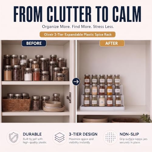 Plastic 3-Tier Expandable Spice Rack, Adjustable Length, Stability with Non-Skid Shelf, For Easy Visibility, Organizer for Kitchen Cabinet, Pantry or Countertop, (2-Pack), White/Grey